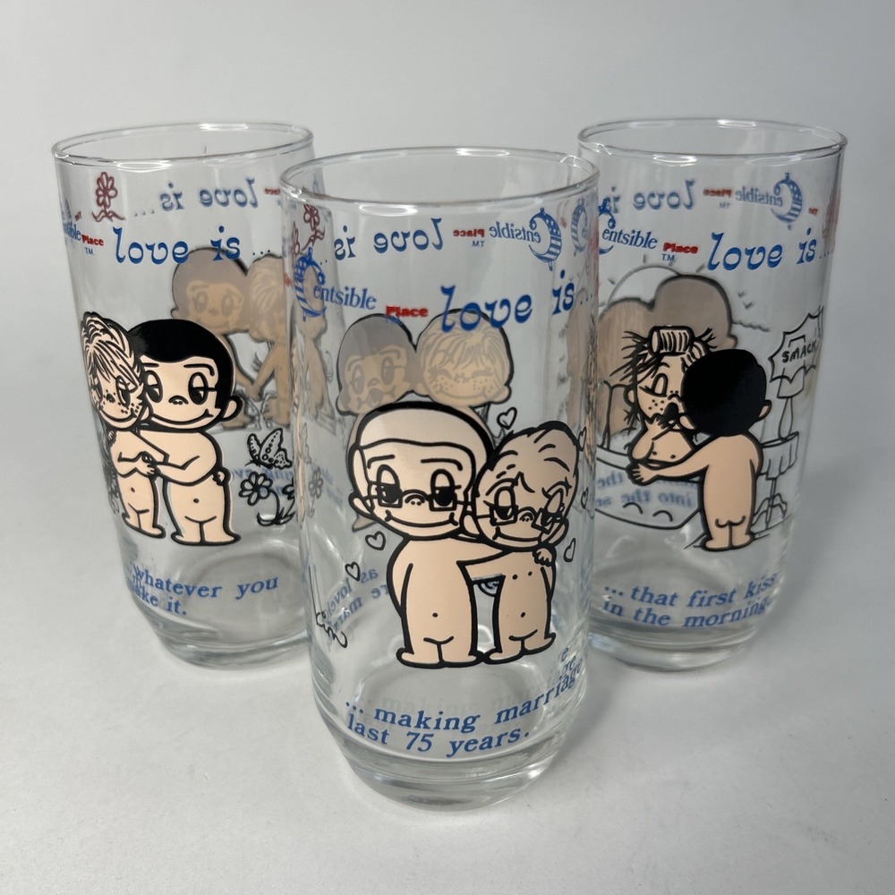 VTG Kim Casali Love Is... Drinking Glasses 3 Set Cetsible Los Angeles Times 1975